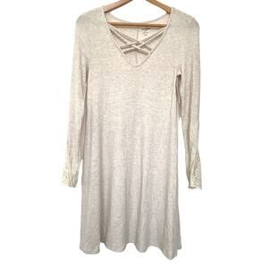 Alya Francesca’s NEW Dress S Women's Lace Trim Knit Rib Cross Straps Oatmeal Tan